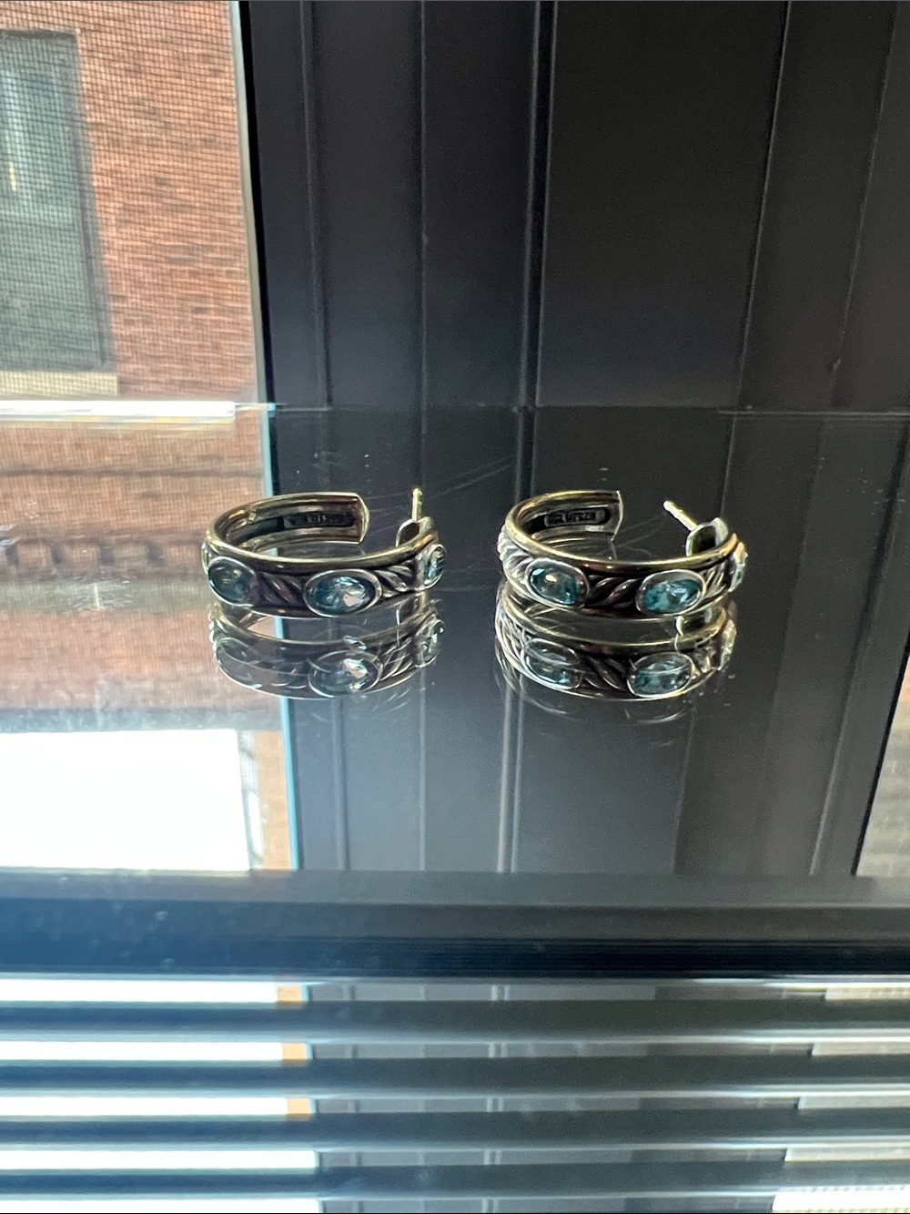 David Yurman Cable Hoop Earrings Blue Topaz Sterling Silver 14K Gold